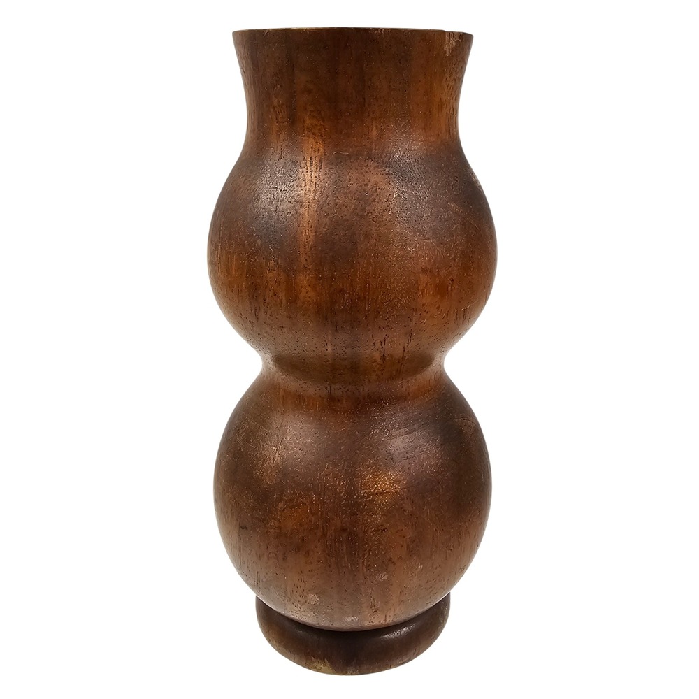 Vintage Hand Turned Solid Wood Vase‎ Double Bulbous Gourd Shape Dark Brown 9.5in